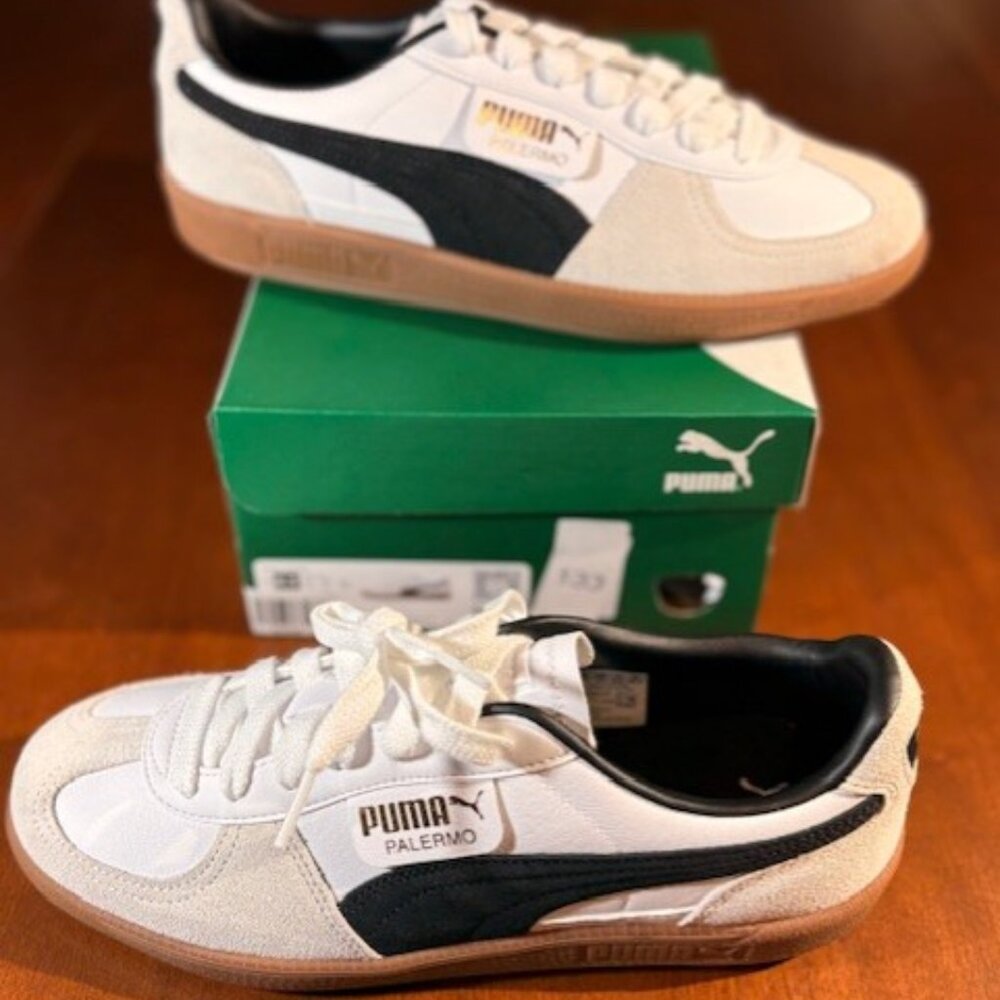 Size 8.5 Men PUMA Palermo Leather White-Black- Gum Casual Shoes Retro New w/ BOX